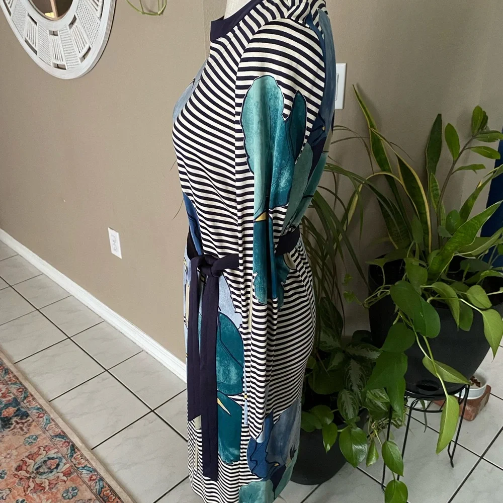 Tory Burch Silk LKNW Dress Long Sleeve Striped Floral Print Large Belted